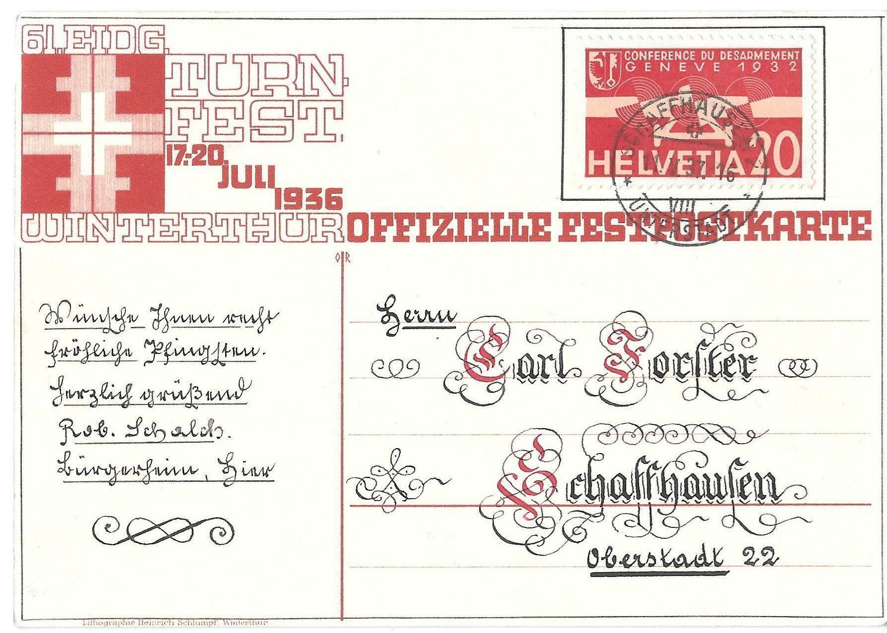 Ansichtskarten: Winterthur Eidgenössisches Turnfest 17. - 20. Juli 1936 – Gebraucht aus Olten von clotaldi 1