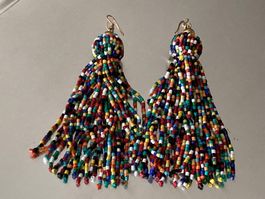 Boucles d'oreilles perles multicolores style ethnique lon...