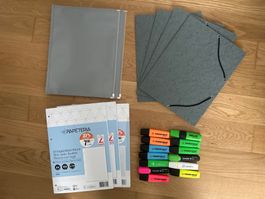 Büro-Set: Mappen, Block, Textmarker