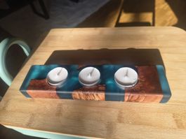 Blaue Teelichthalter aus Holz epoxidharz, Unikat