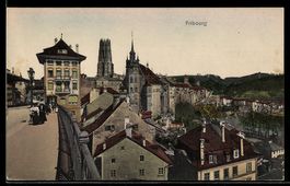 AK Fribourg, Altstadt mit Kathedrale und Brücke
