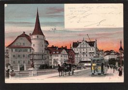 Luzern auf der Seebrücke,Kutsche , Tram , gel. 1903