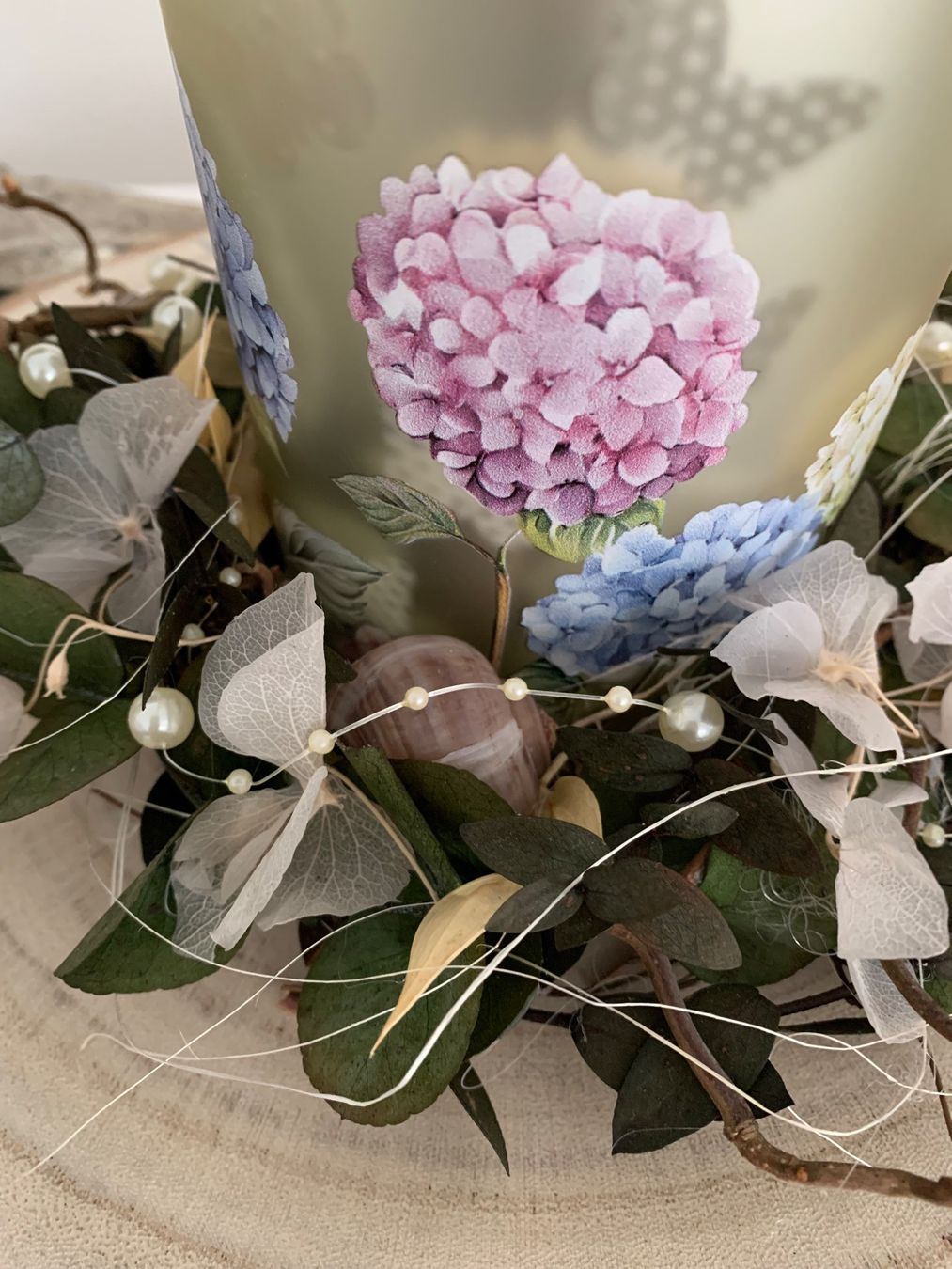 Tutte le decorazioni: Windlicht mit Hortensien/Arrangement – Nuovo e nell'imballaggio originale da Diepoldsau venduto da Luxusdeko 1