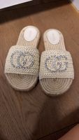 Gucci Espadrille Slide Sandals Women's Size 38 Beige Rhinest