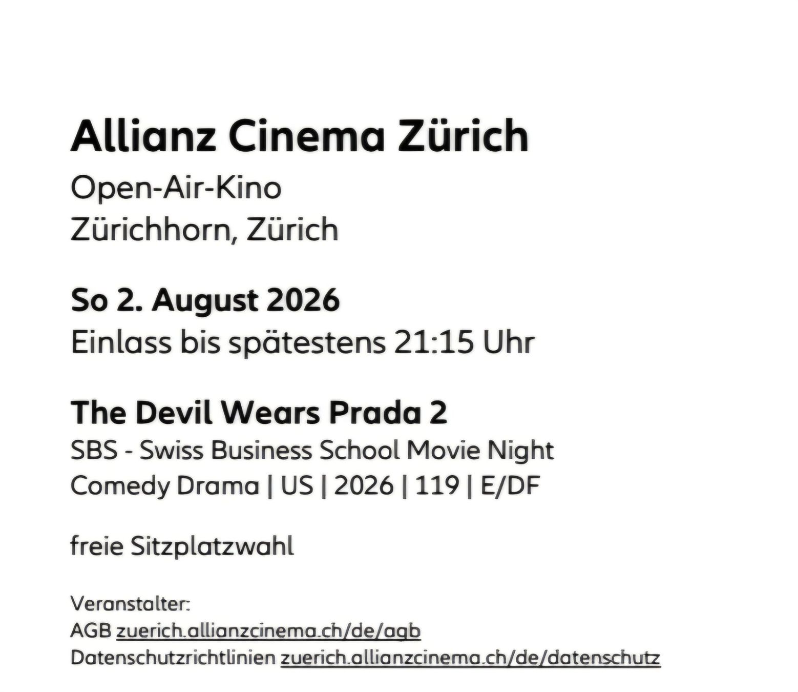 Biglietti: 2x Tickets Allianz Cinema - The Devil Wears Prada 2 – Nuovo e nell'imballaggio originale da Zürich venduto da pearl007 1