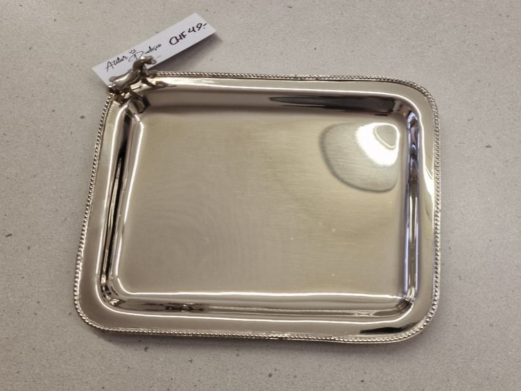 Statuette: Tablett silber mit Pferd (aus Aluminium) – Nuovo e nell'imballaggio originale da Schaffhausen venduto da AtelierPudesco 1