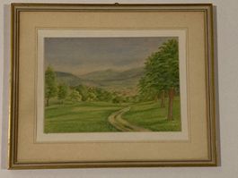 Landschafts Bild nicht signiert mit Weg, Baum, Wiese, Hügel