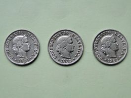 3x 5 Rappen  1934, 1938, 1939