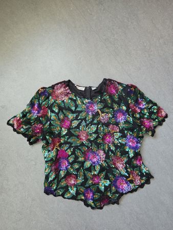Bluse  Seide Pailletten Blumen Grösse 2XL