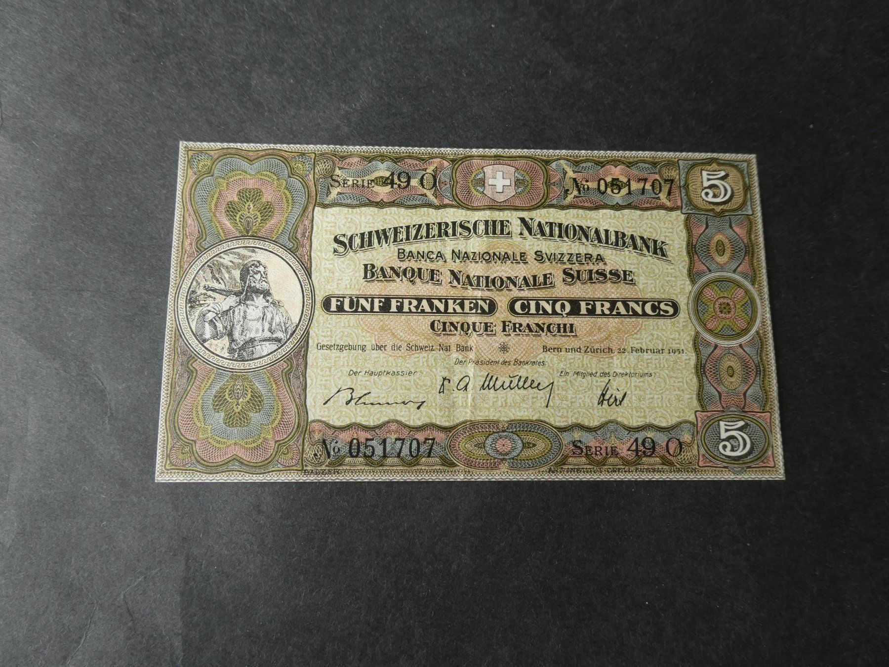 Banknoten: Schweiz 1951, 5 Franken – Gebraucht aus Hinterforst von Rohusri