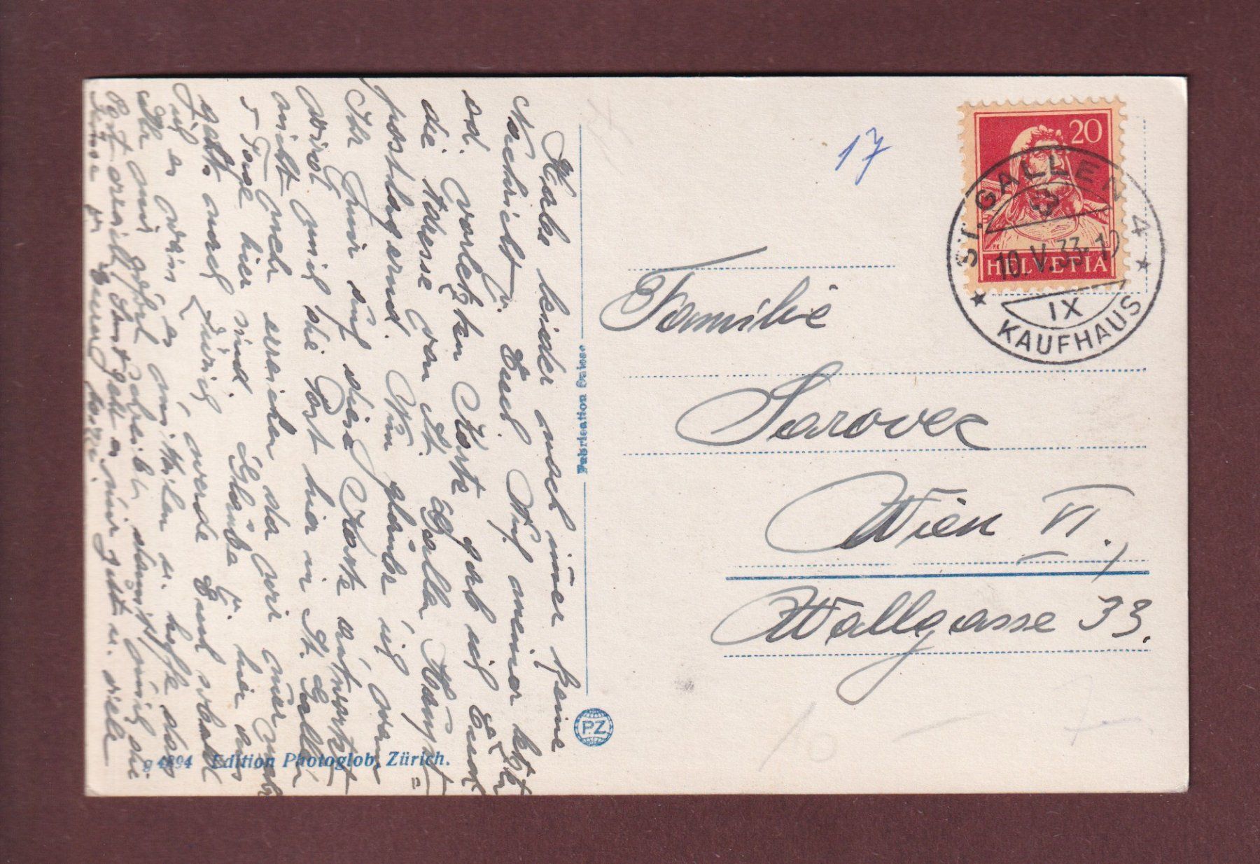 Ansichtskarten: ST. GALLEN - Teilansicht - 1933 – Gebraucht aus Pully von nicecards 1