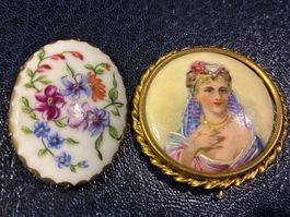 2 Broches anciennes portrait femme & Floral miniature