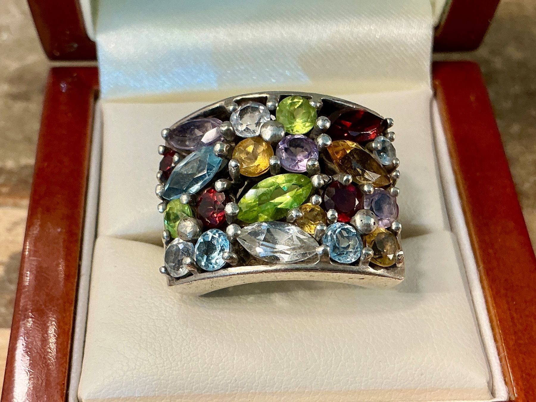 Ringe: VINTAGE MEGA RING STERLING 925 BUNTE EDELSTEINE, GR.56 – Gebraucht aus Biglen von