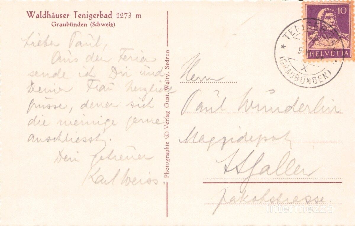 Ansichtskarten: Tenigerbad GR // 1934 Waldhäuser 1273 Meter – Gebraucht aus Basel von intermezzo12 1