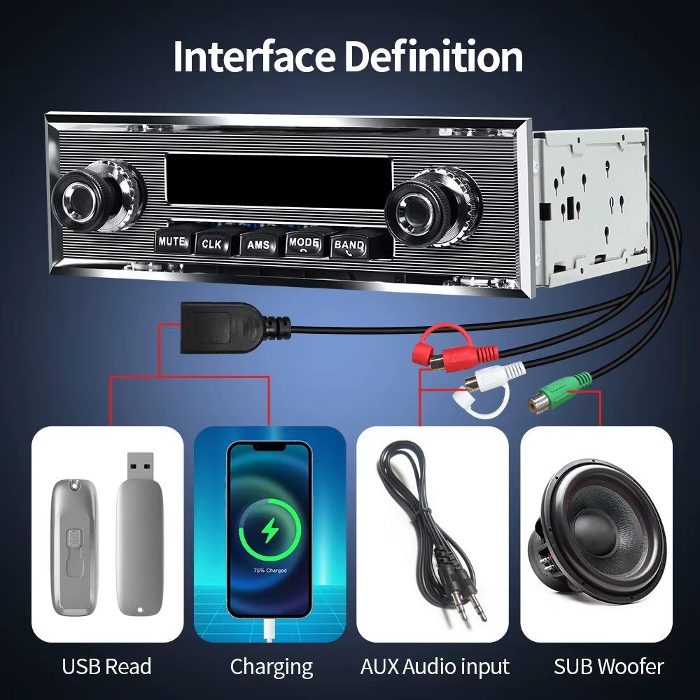 Tutti pezzi di ricambio auto: Retro Autoradio Oldtimer 1 DIN Bluetooth Internet Radio USB – Nuovo e nell'imballaggio originale da Chiasso venduto da online.shop 6