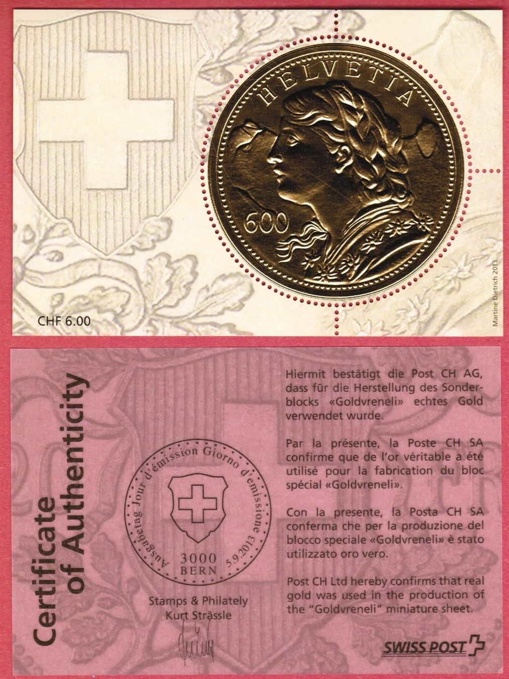 Tous les timbres: 2013 Sonderblock Goldvreneli  postfrisch – Neuf (Voir description) à Mellingen par Ginger