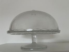 Glas Kuchenplatte / Servierplatte mit Fuss, Vintage Stil