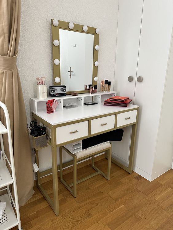 Schminktisch Mit Spiegel Und Hocker - LED Beleuchtung 5 Schubladen Verstellbar