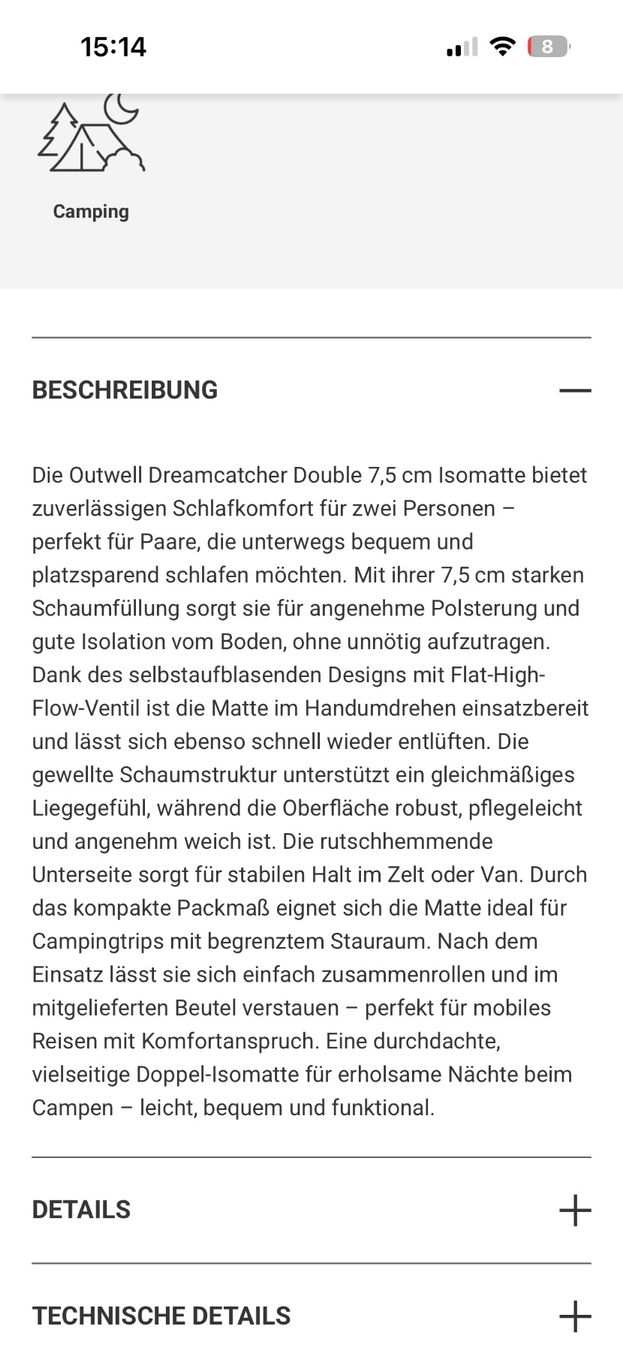 Outwell Materassi: Outwell Dreamcatcher Double 7.5cm -  Schlafmatte Camping – Usato da Adliswil venduto da Baski7 6