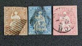 SWITZERLAND 1854 à 1859: «Strubeli», 3 timbres, oblitérés
