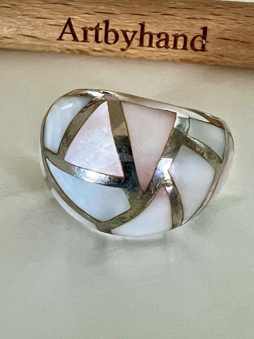 Ringe: Statement Ring 925Silber & kunstvolle Perlmutt Intarsien 15g – Gebraucht aus Ruswil von artbyhand