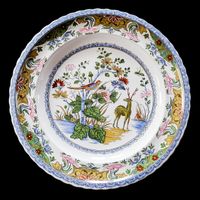 Karlsruhe Majolika Fayence Teller 36 cm Hirschmuster 1975