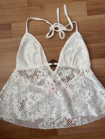 Edikted Sheer Crochet Baby Doll Halter Top – Cream