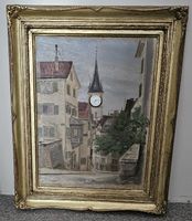 Bild mit Uhr, P. Schneider 1945 Stadtszene mit Kirchturm, Zü