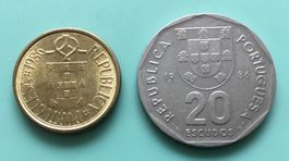 2 Münzen 5+20 Escudos 1986 Portuguesa ss