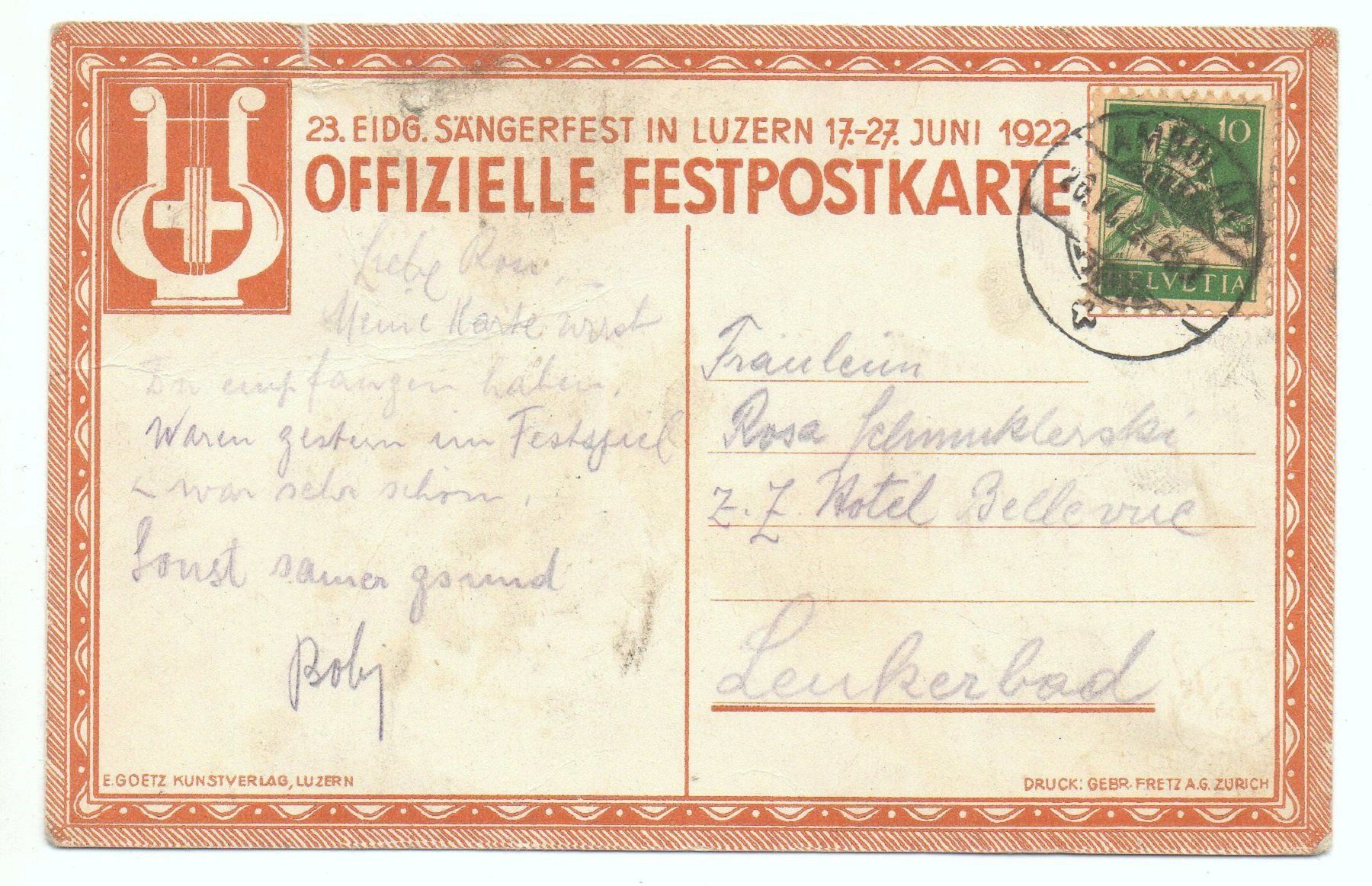 Cartoline postali: LITHO Eidgen. Sängerfest LUZERN 17 - 27. Juni 1922 – Usato da Jona venduto da philajona 1