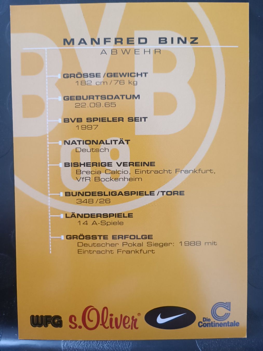 Autografi: Manfred Binz - BVB - Handsignierte alte Karte – Usato da Menziken venduto da Artographs 1