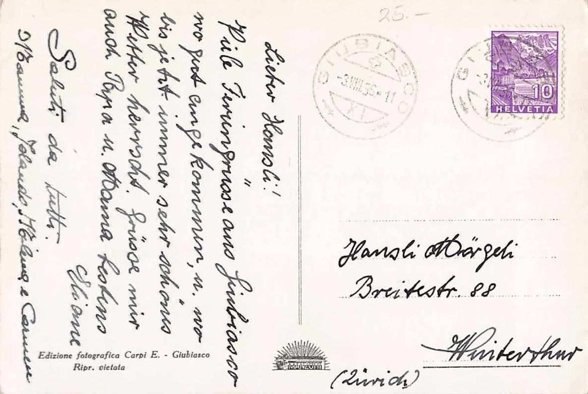 Cartoline postali: GIUBIASCO VEDUTA 1936 – Usato da Winterthur venduto da SchatzchischtliWinti 1