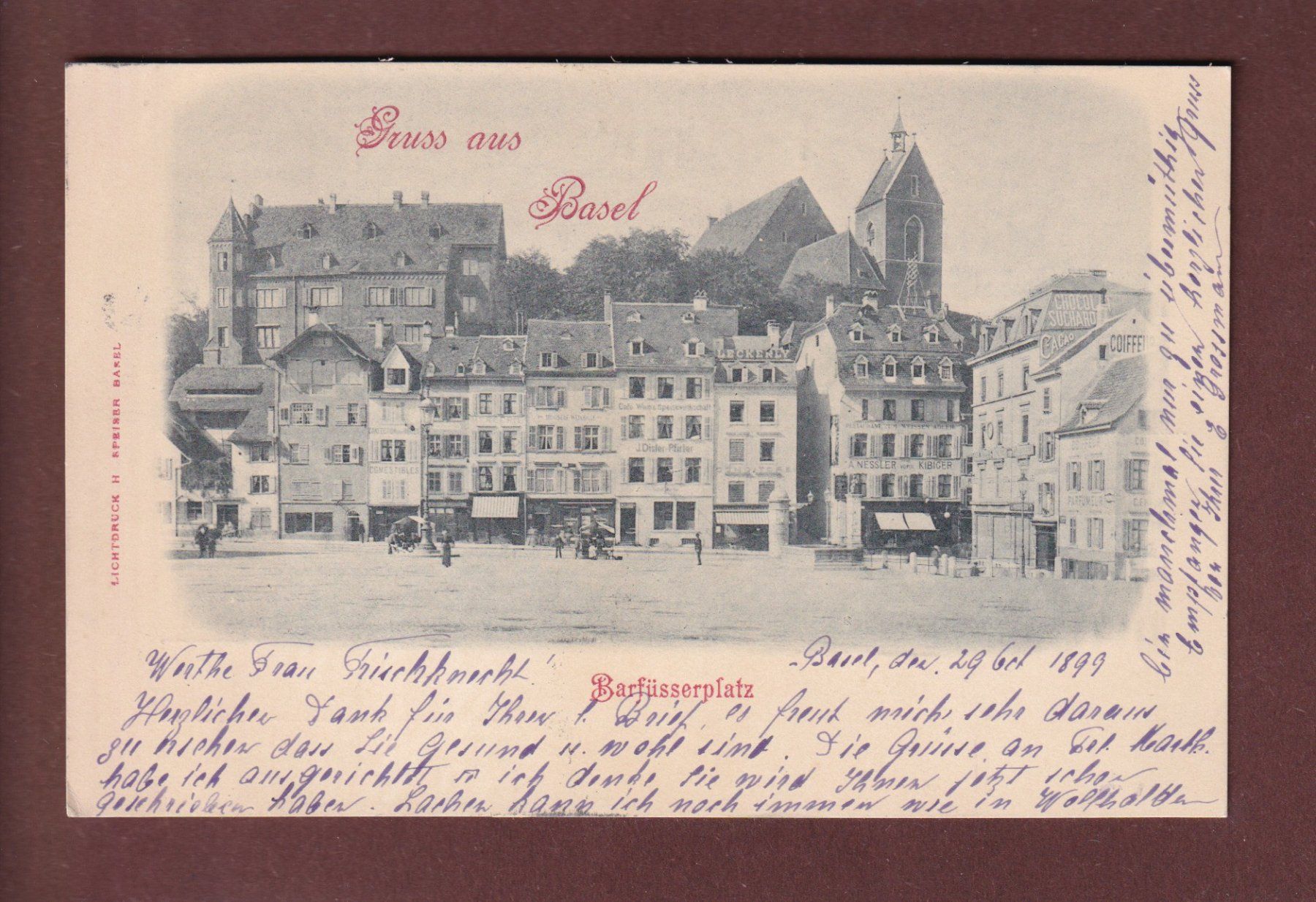 Cartoline postali: Gruss aus BASEL - Barfüsserplatz - 1899 – Usato da Pully venduto da nicecards