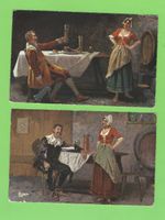 2 Antike Postkarten, Wirtshaus-Szenen