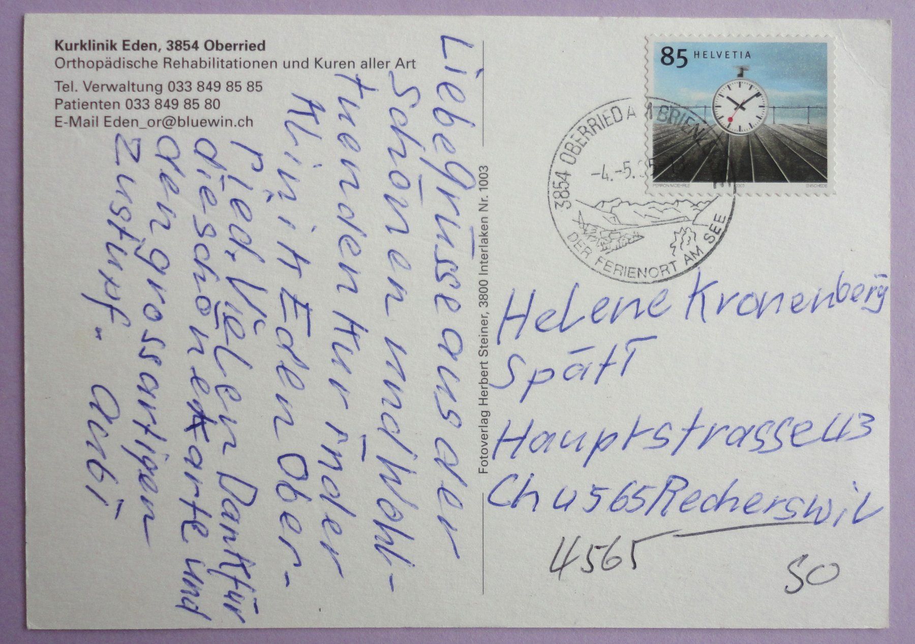 Cartoline postali: Kurklinik Eden, Oberried – Usato da Fétigny venduto da Billy2miny 1