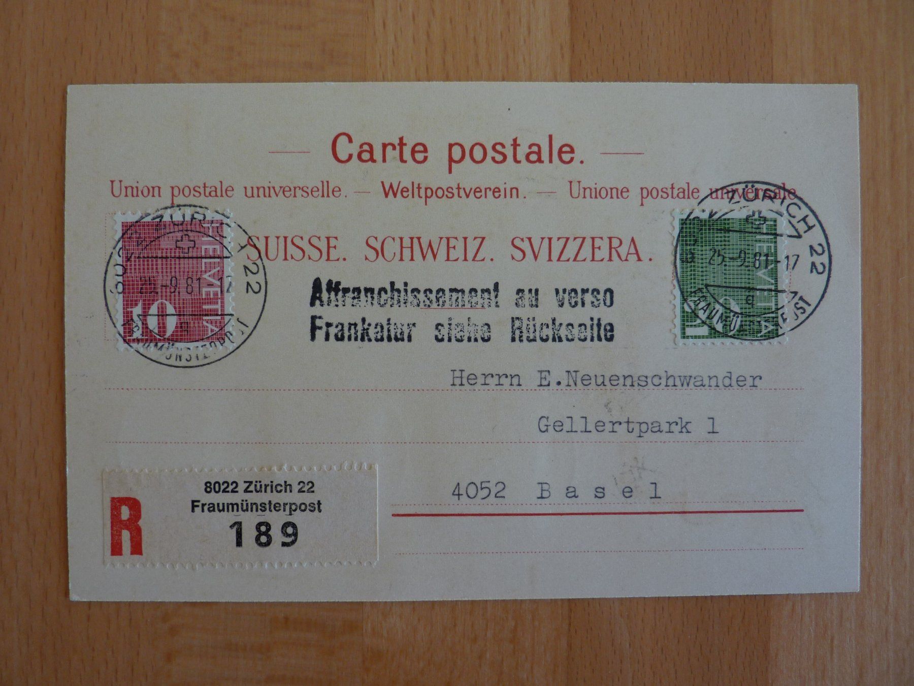 Tutti i francobolli: spez. R- "Carte postale" mit Ziffermarken 1981,  Fr. 2.-- – Usato da Zürich venduto da Aetna14 1