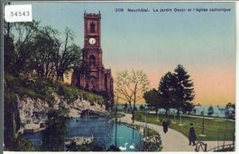 Neuchatel - La jardin Desor et l'eglise catholique - Litho