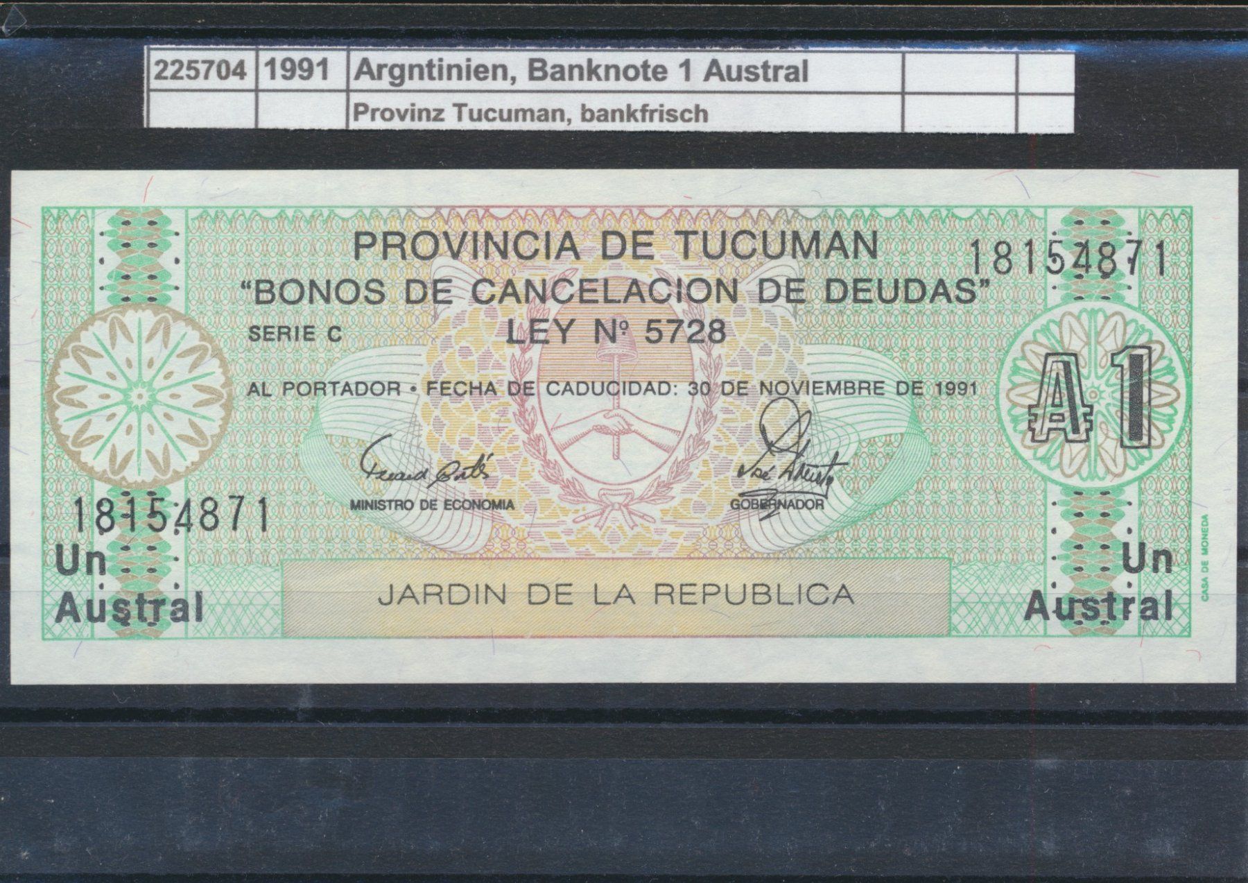 Banknoten: 1991 Argentinien, "Banknote - 1 Austral", bankfrisch – Neu (gemäss Beschreibung) aus Winterthur von Zupogeru