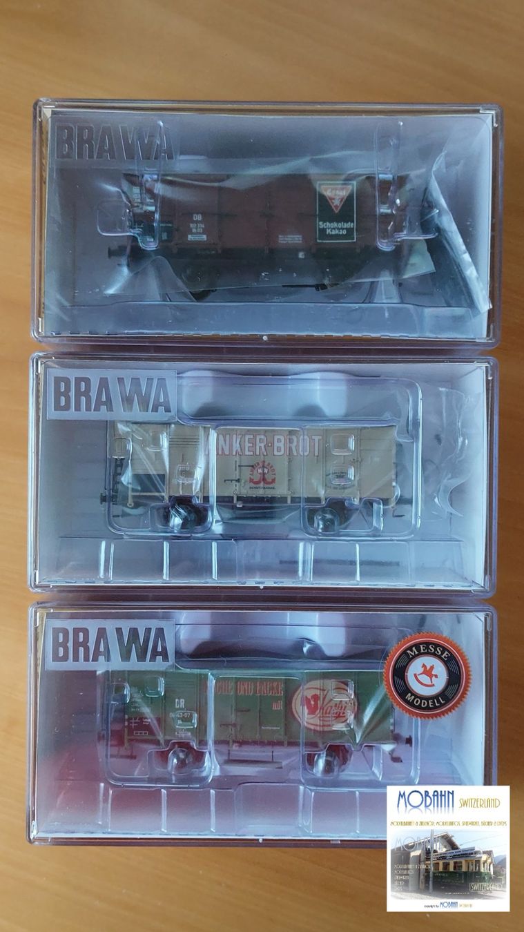 Brawa Modellini di ferrovie: BRAWA Set III - 3 verschiedene Güterwagen – Nuovo e nell'imballaggio originale da Rotkreuz venduto da MOBAHN-1zu87 1
