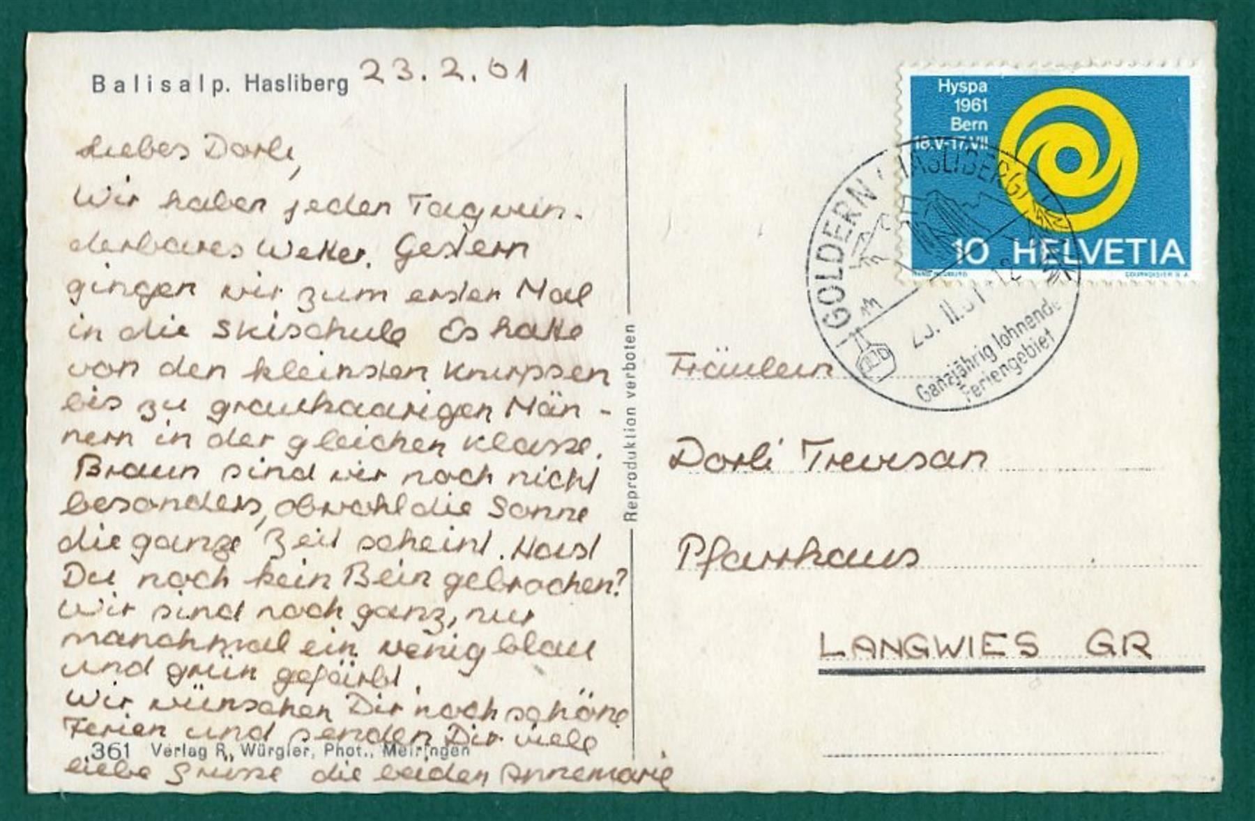 Ansichtskarten: Balisalp, Hasliberg, 1961, gelaufen – Gebraucht aus Sargans von Hausi1951 1