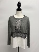 Sandro Leinen Shirt mit Spitze 38 grau weiss