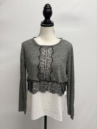 Sandro Leinen Shirt mit Spitze 38 grau weiss