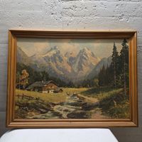 Gemälde - Berglandschaft mit Hütte, Signiert..