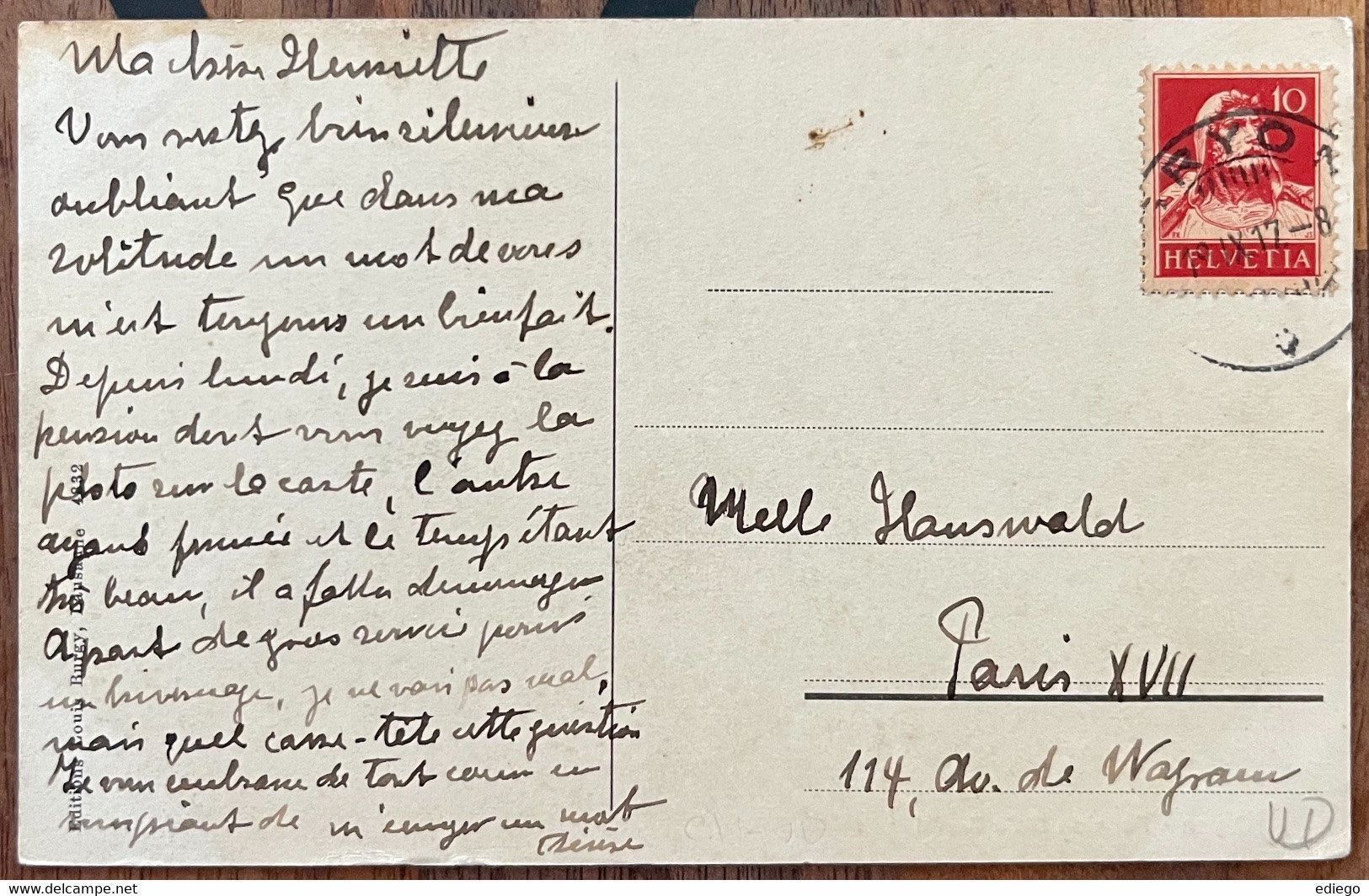 Cartoline postali: GRYON - PENSION BOIS-GENTIL 1917 – Usato da Lutry venduto da Ediego 1