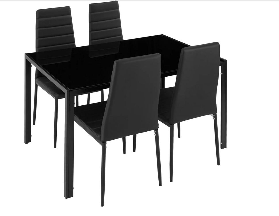 HAUSPROFI Esstisch Set 5-teilig - Sechseckiger Tisch Mit 4 Samtstühlen Schwarz