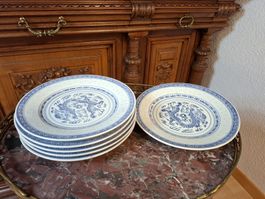 China Reiskorn Porzellan Teller 6er Set Blau Weisse Drache
