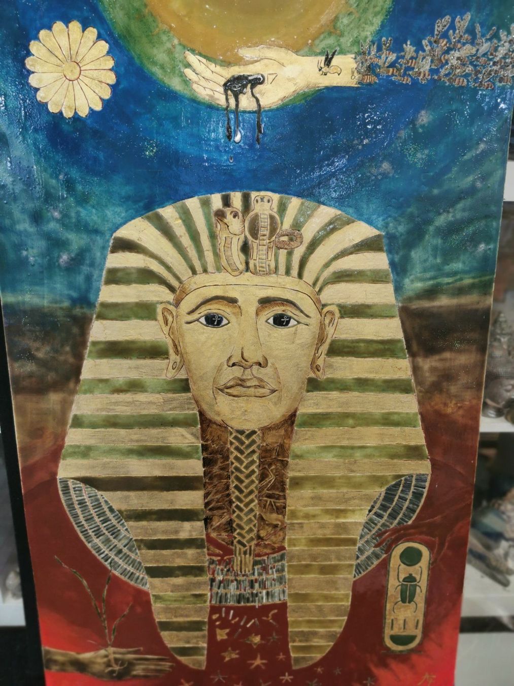 Dipinti: TABLEAU EXCEPTIONNEL TOUTANKHAMON TECHNIQUE MIXTE signé daté – Usato da Genève venduto da Qanil77 1
