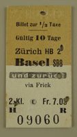 BILLET, FAHRKARTE ZÜRICH BASEL 1956 2. KL.