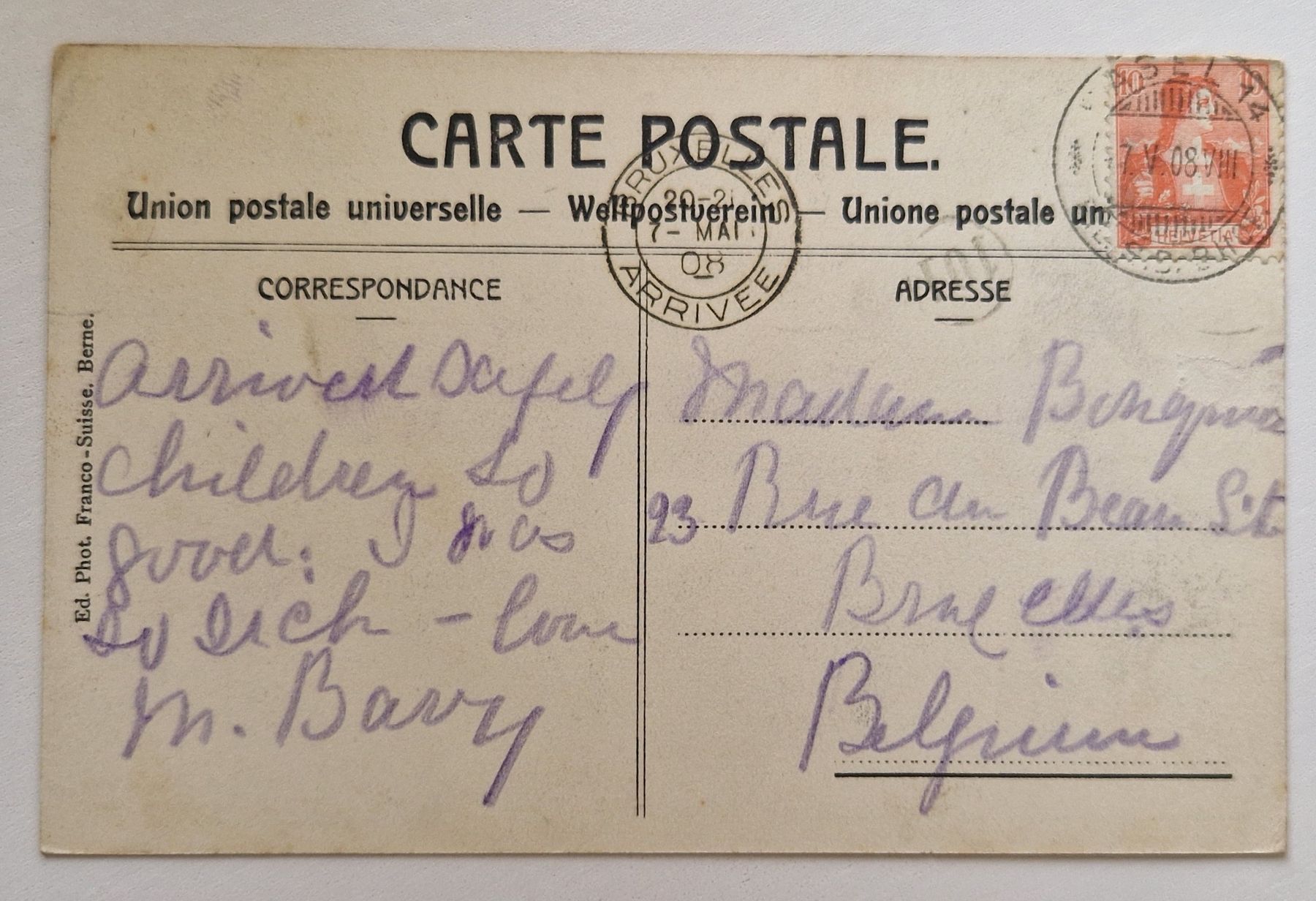 Ansichtskarten: Basel mit Rheinbrücken 1908, n. Bruxelles – Gebraucht aus Ebikon von Donar50 1