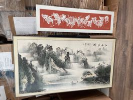 2 grosse chinesische Bilder in Rahmen. 142 x 77 + 114 x 32cm